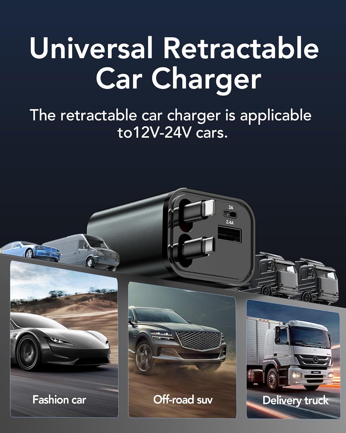 Pro 4 in 1 Retractable Car Charger / 69W USB-C & USB-A Fast Charging for iPhone, Android, Laptops