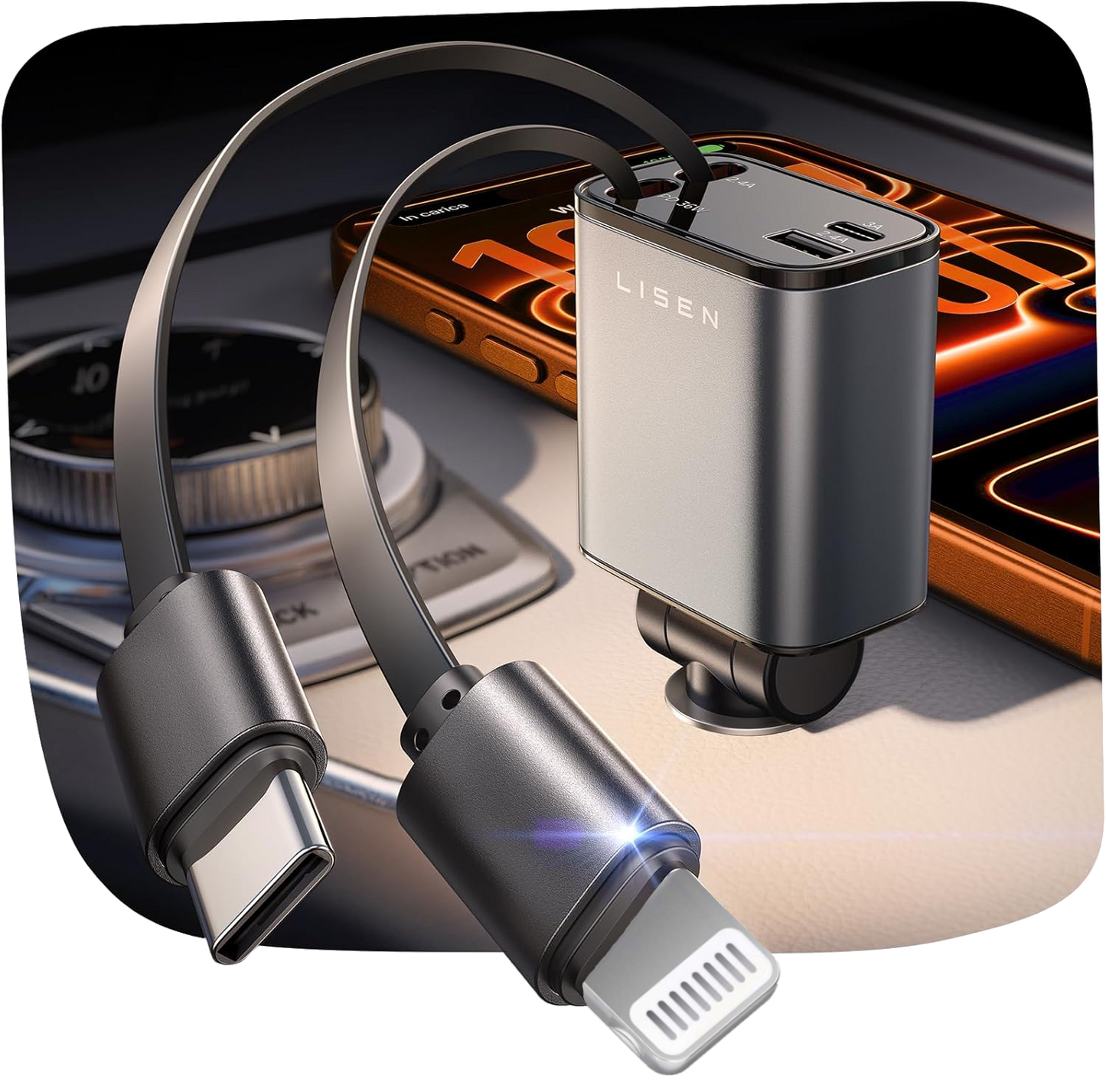 Pro 4 in 1 Retractable Car Charger / 69W USB-C & USB-A Fast Charging for iPhone, Android, Laptops