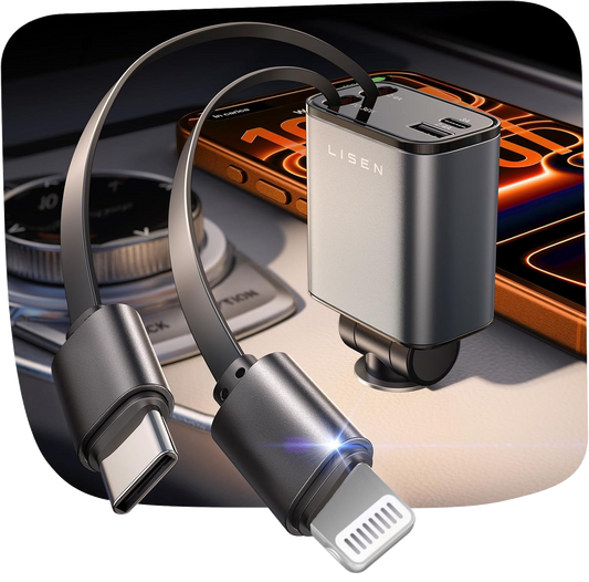 Pro 4 in 1 Retractable Car Charger / 69W USB-C & USB-A Fast Charging for iPhone, Android, Laptops