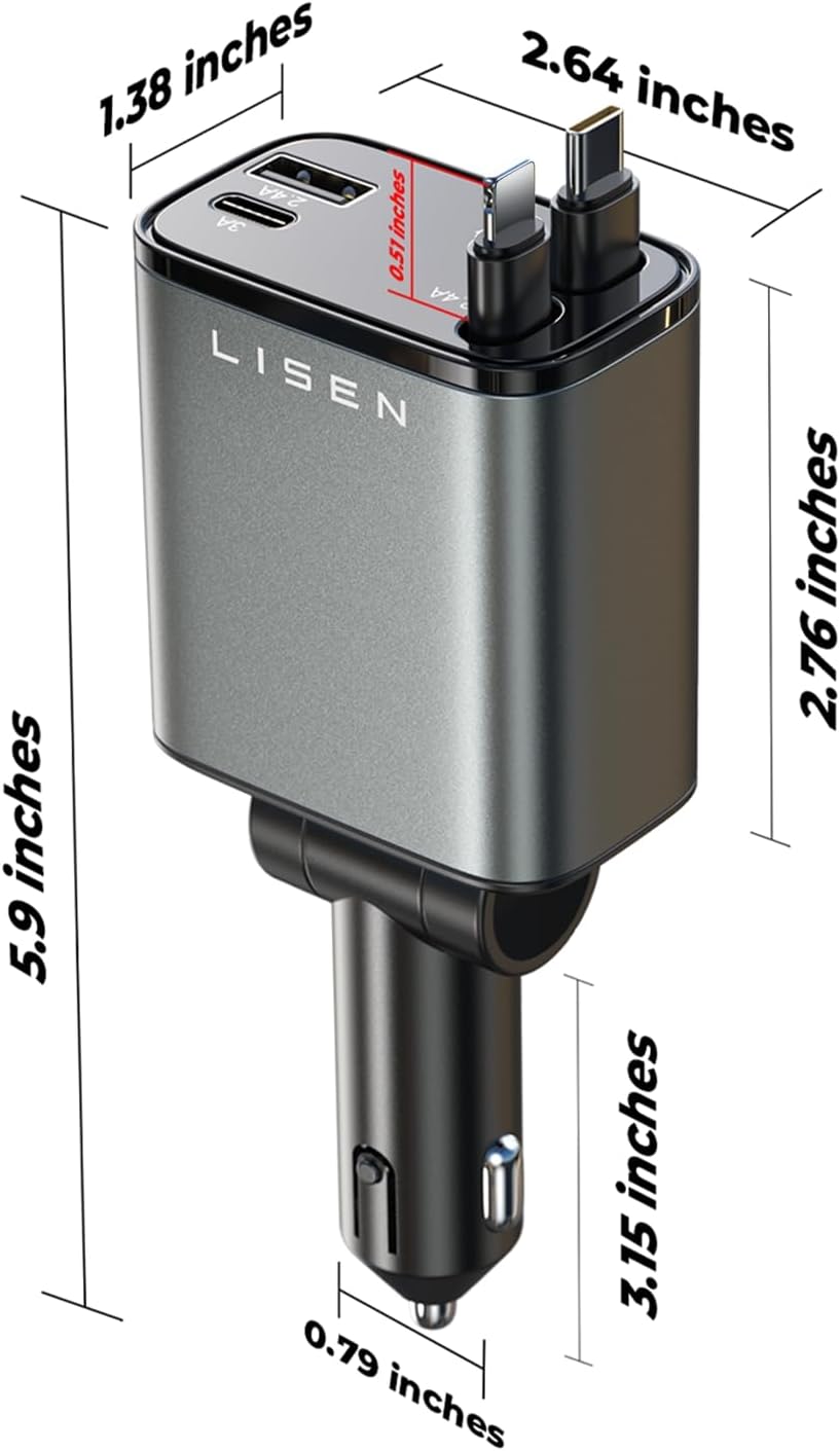 Pro 4 in 1 Retractable Car Charger / 69W USB-C & USB-A Fast Charging for iPhone, Android, Laptops
