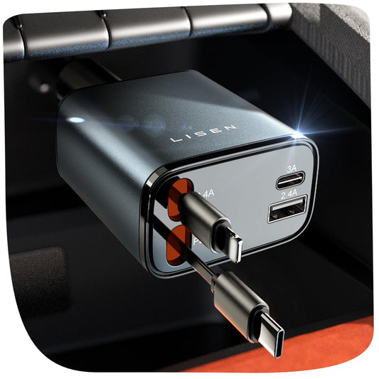 Pro 4 in 1 Retractable Car Charger / 69W USB-C & USB-A Fast Charging for iPhone, Android, Laptops